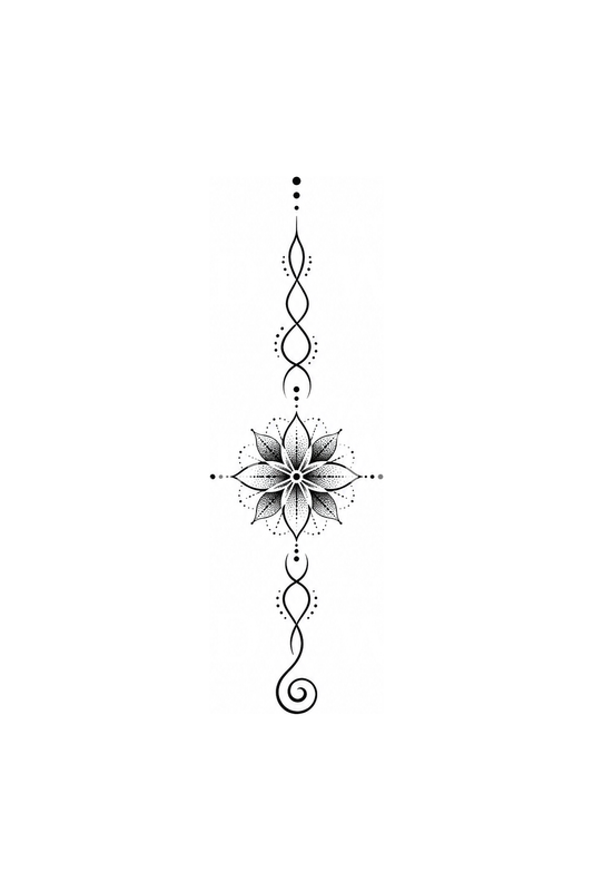 Unalome a través de mandala punteada, idea de tatuaje dotwork