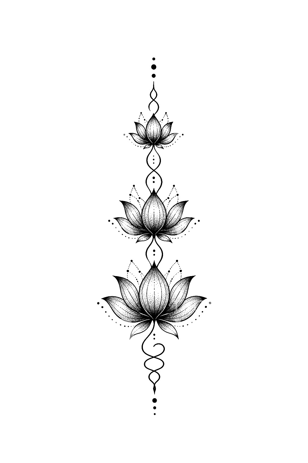 Tatuagem dotwork de unalome através de três flores de lótus