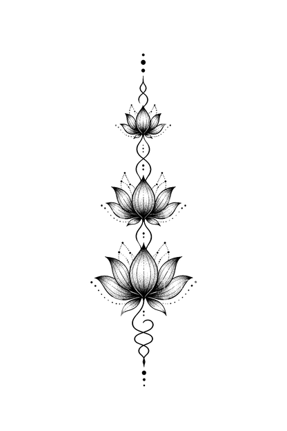 Tatuagem dotwork de unalome através de três flores de lótus