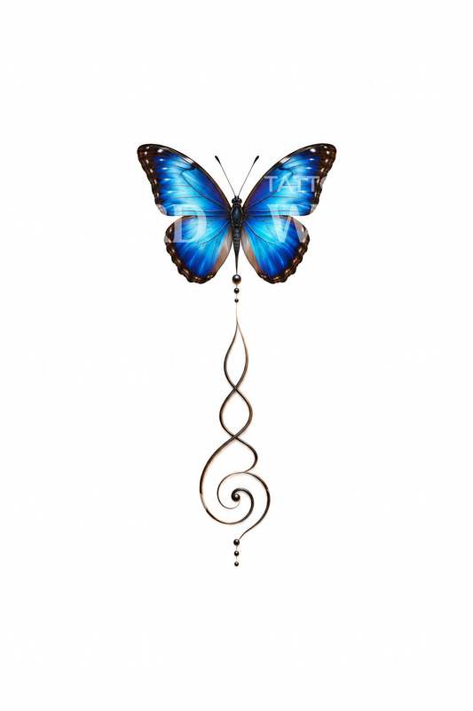 Unalome with Blue Morpho Butterfly Tattoo Idea