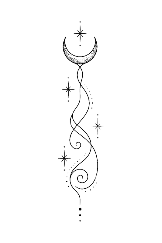 Tatouage fineline unalome avec croissant de lune et étoiles