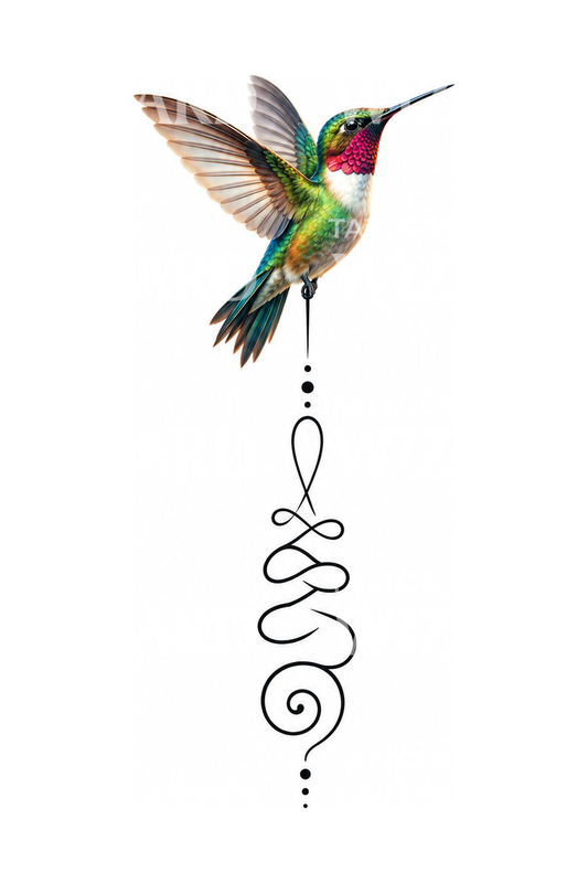Idée de tatouage Unalome avec colibri