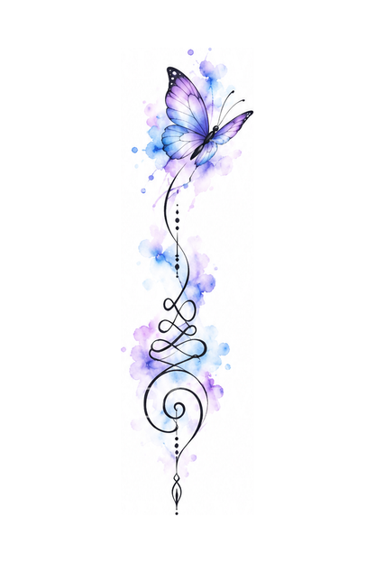 Unalome with Lilac Butterfly Tattoo Idea
