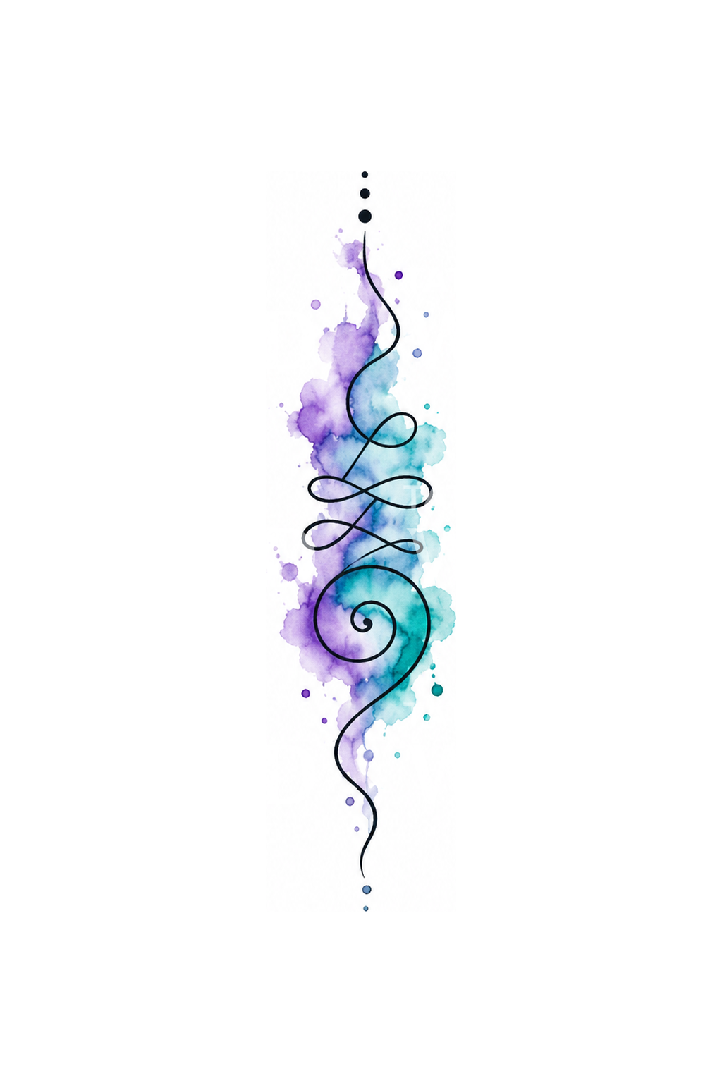 Unalome with Violet and Teal Watercolor Wash Tattoo