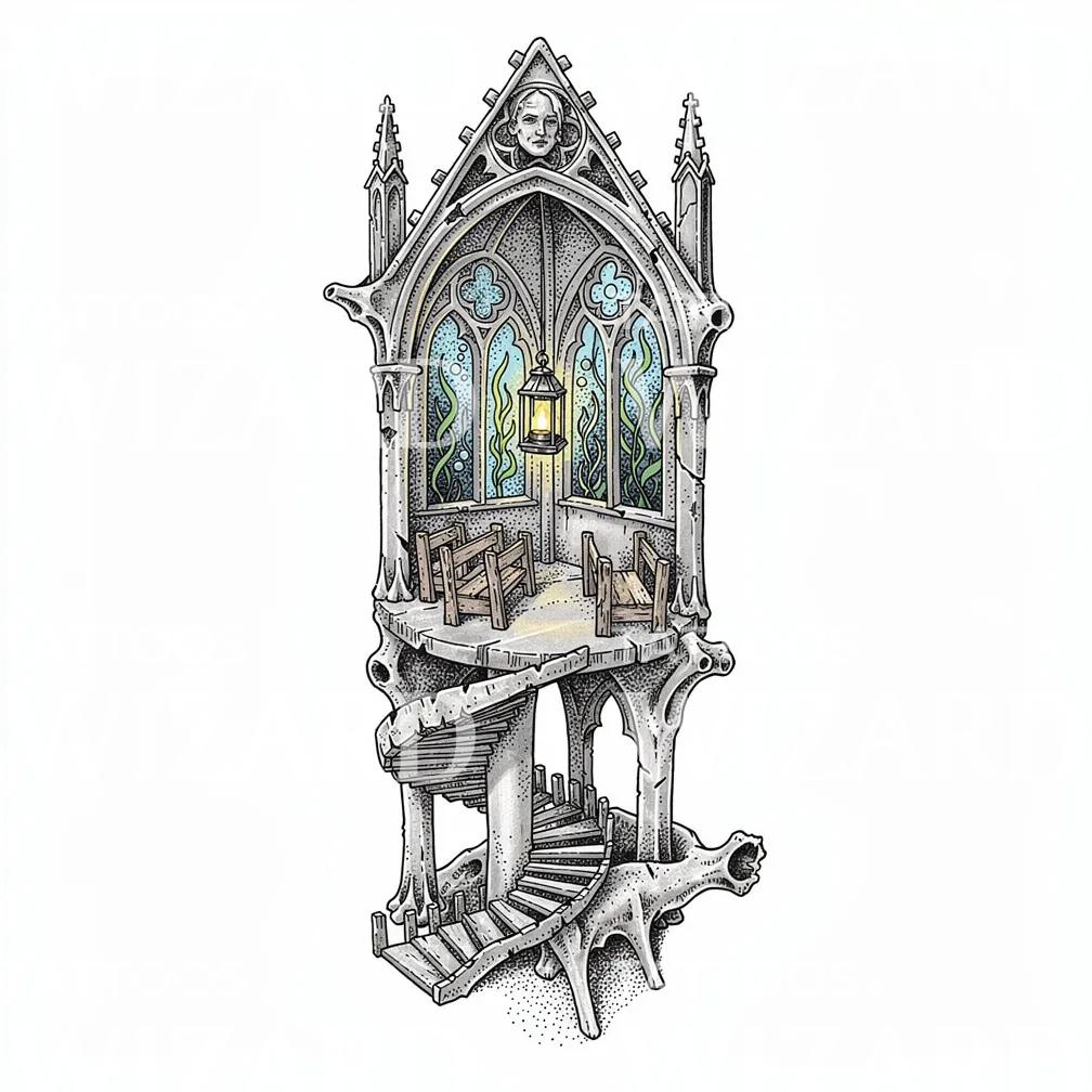 Underwater Gothic Chapel Tattoo Design