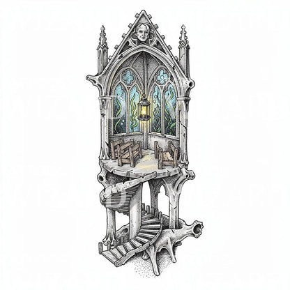 Underwater Gothic Chapel Tattoo Design