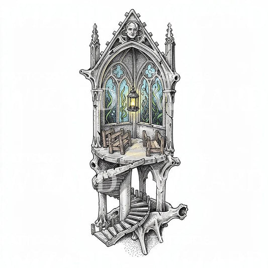 Diseño de Tatuaje de Capilla Gótica Submarina