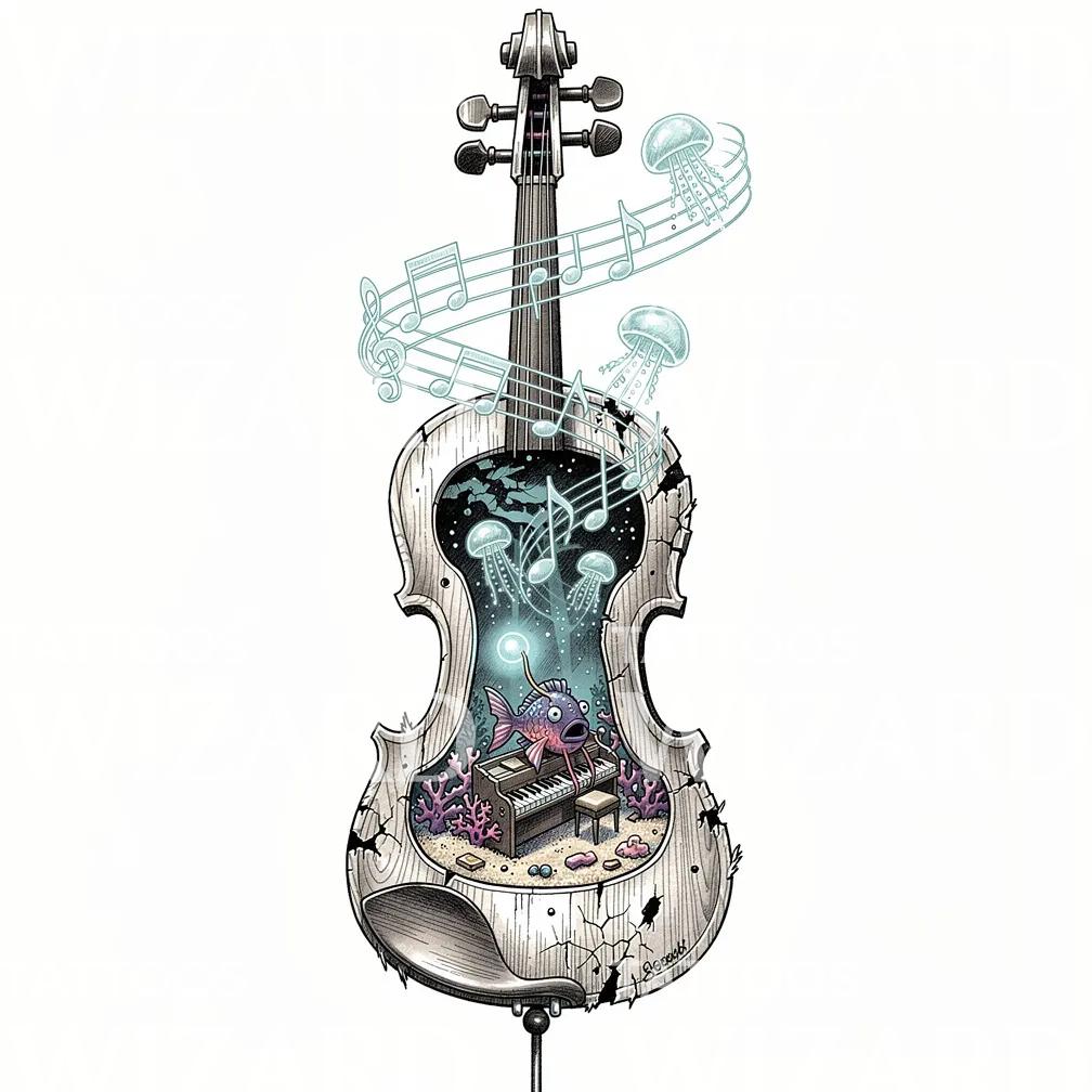 Underwater Violin Symphony Tattoo Design