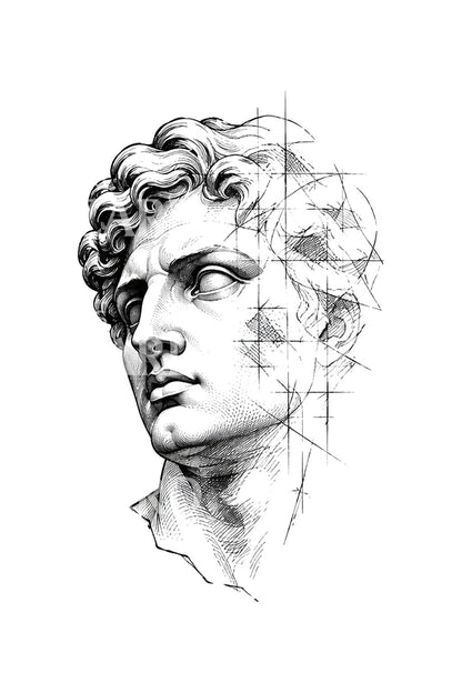 Skitseillustration af ufærdigt græsk statuehoved
