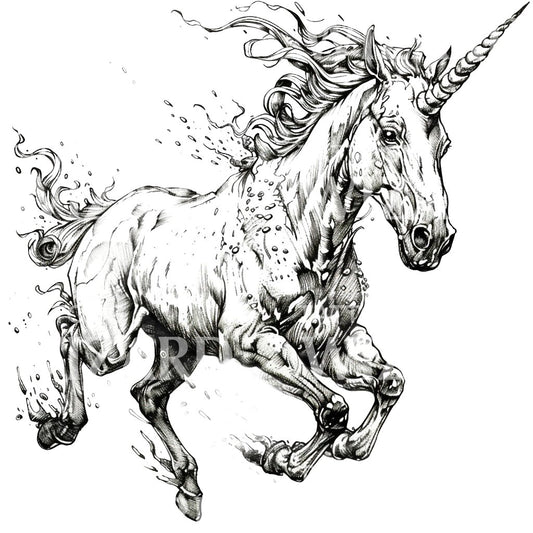 Conception de tatouage de licorne à l'encre noire et grise