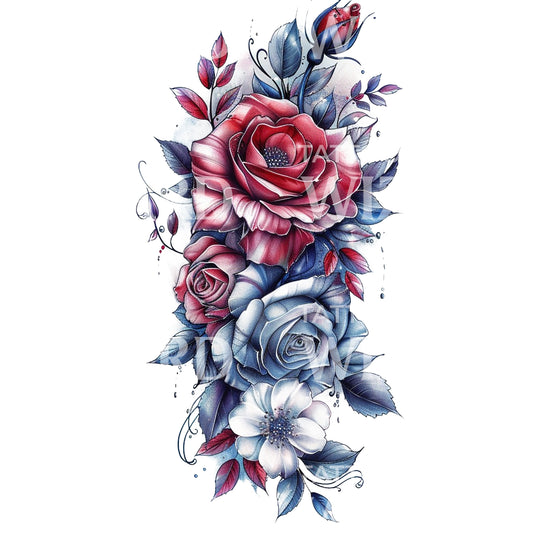Tattoo-Design mit Komposition aus blauen und roten Rosen