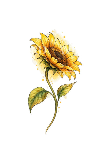 Upturned Sunflower Golden Wash Tattoo Illustration