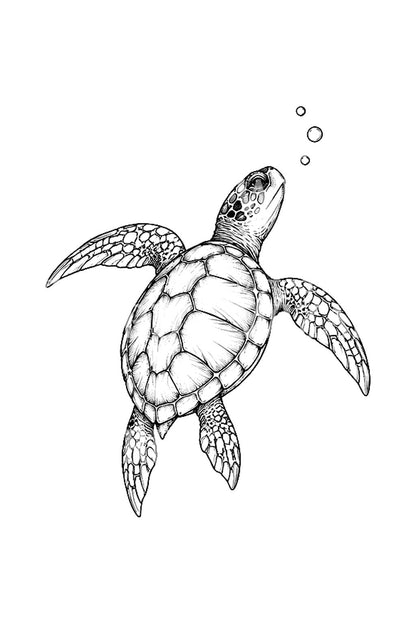 Minimalistische tatoeage van een omhoog zwemmende schildpad