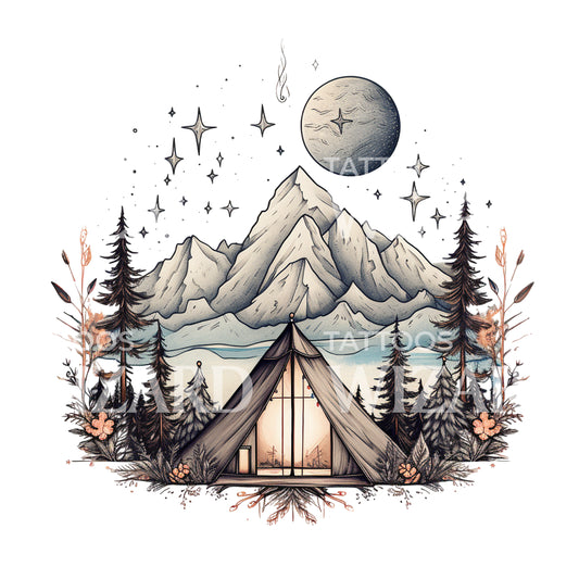 Tente de camping au clair de lune mignonne et conception de tatouage de montagne