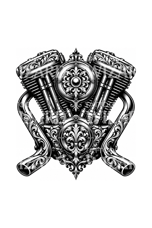 V-twinmotor, blackwork-tatoeage
