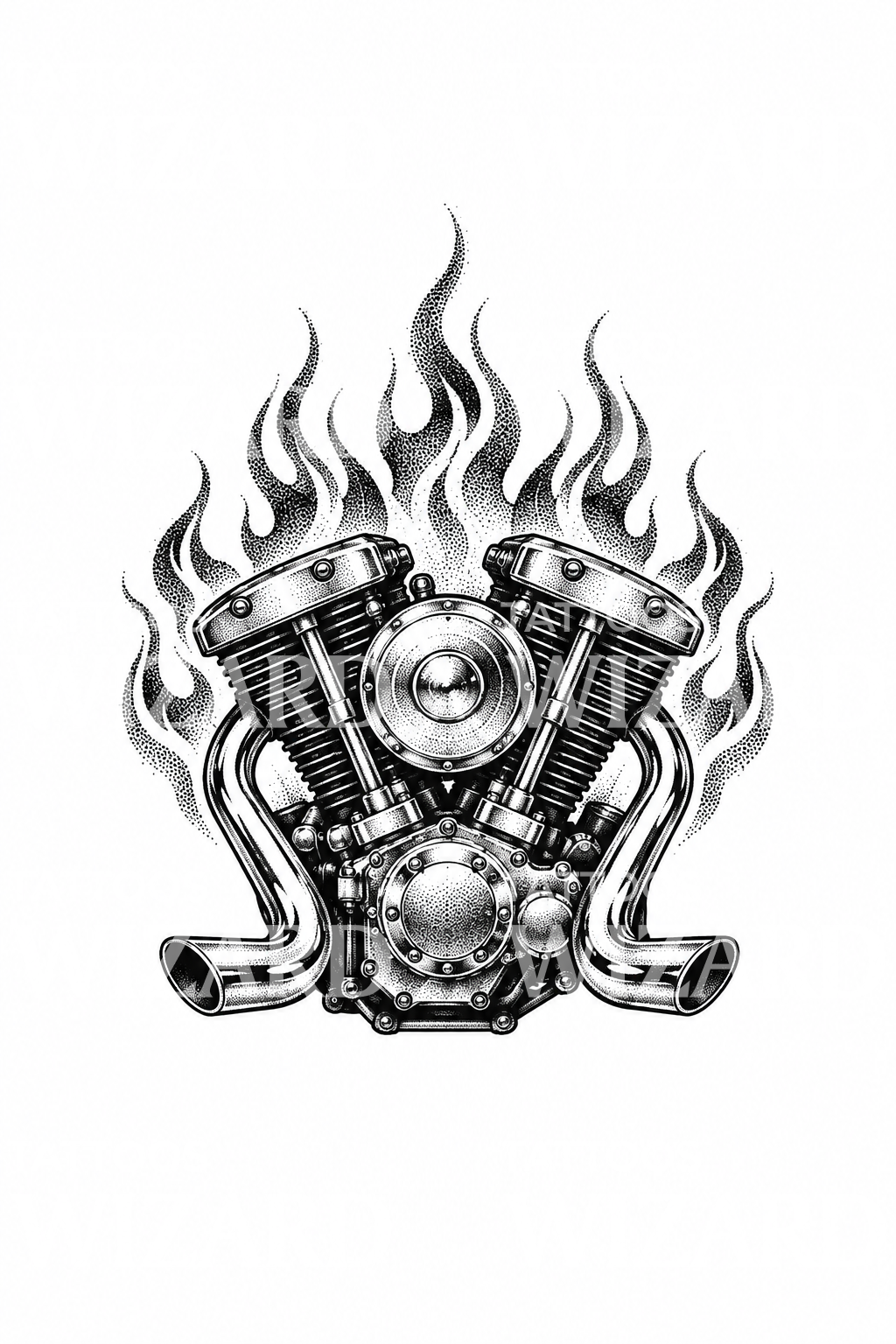 Dotwork-Tattoo eines V-Twin-Motorradmotors mit Flammen