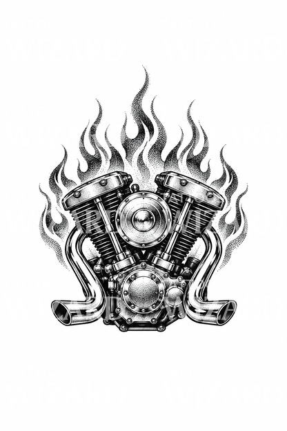 Dotwork-Tattoo eines V-Twin-Motorradmotors mit Flammen