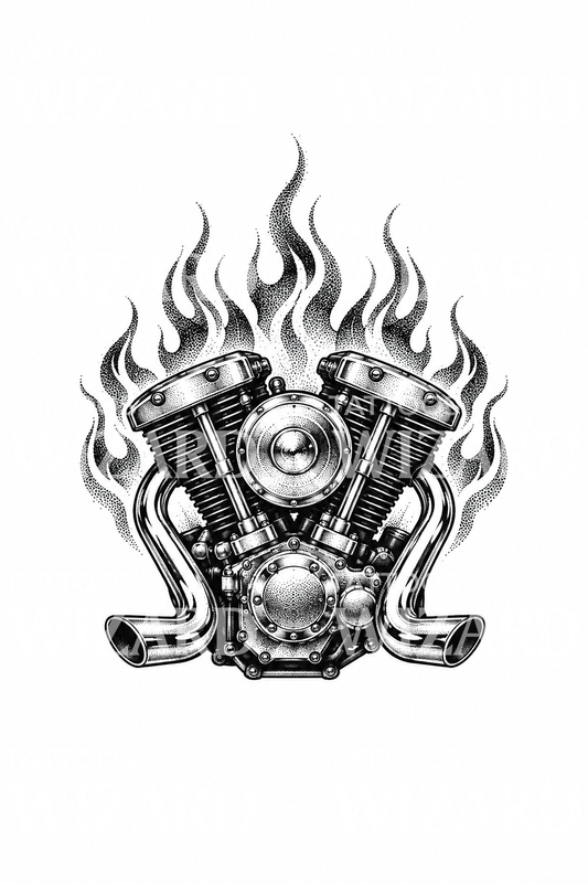 Tatuaggio dotwork di motore V-twin da moto con fiamme