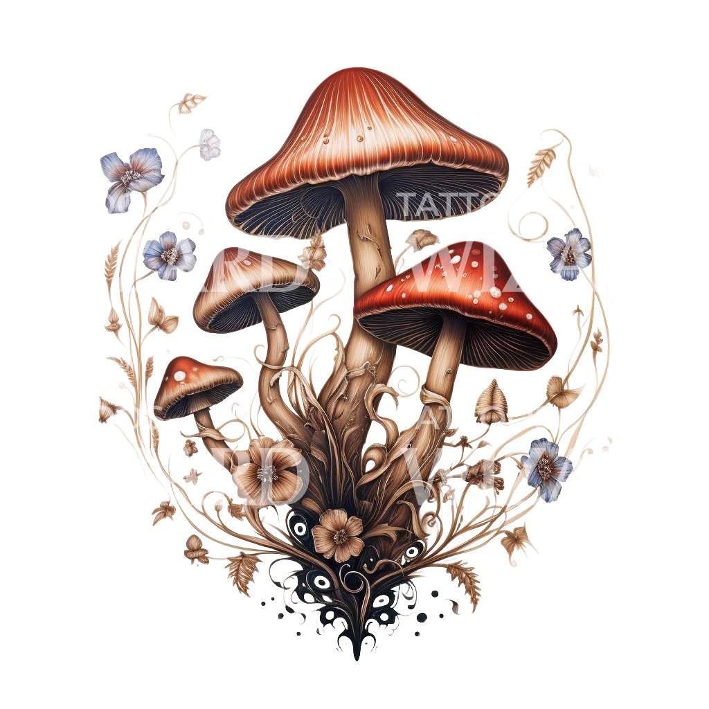 Conception de tatouage de champignons magiques néo traditionnels