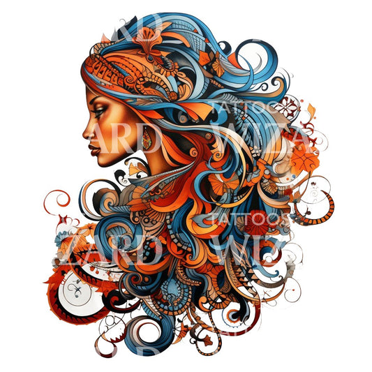 Woman with Colorful Magical Hair Tattoo Design