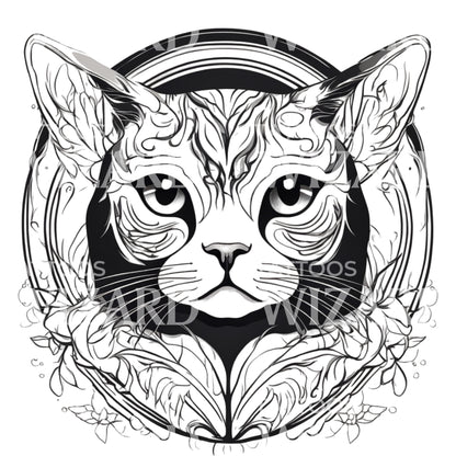 Scottish Fold Cat Head with Patterns Circle Tattoo Design
