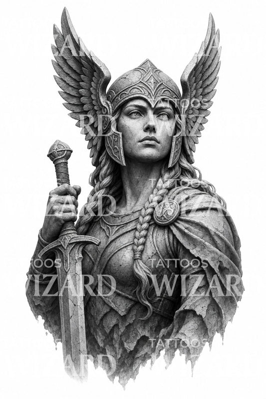 Valkyria bevingad hjälm staty tatueringsdesign