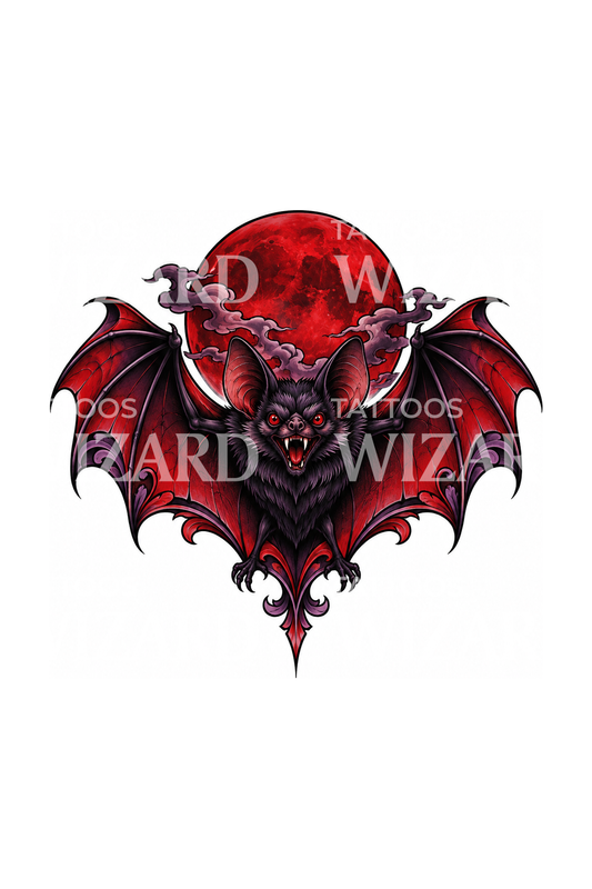 Vampire Bat and Blood Moon Tattoo Design