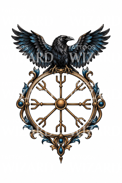 Tatouage de boussole Vegvisir avec corbeau