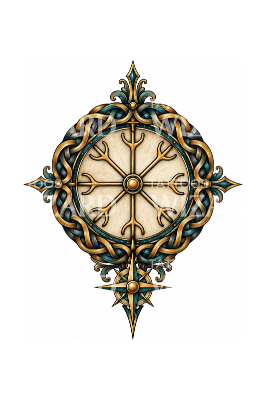 Diseño de tatuaje de brújula inspirado en Vegvisir con borde de nudos