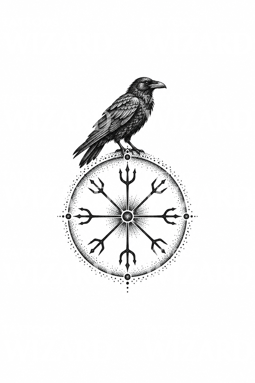 Vegvisir Inspired Compass with Raven Dotwork Tattoo