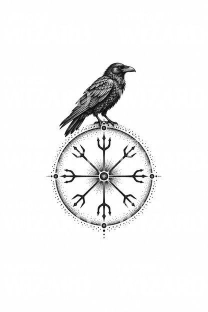 Vegvisir Inspired Compass with Raven Dotwork Tattoo