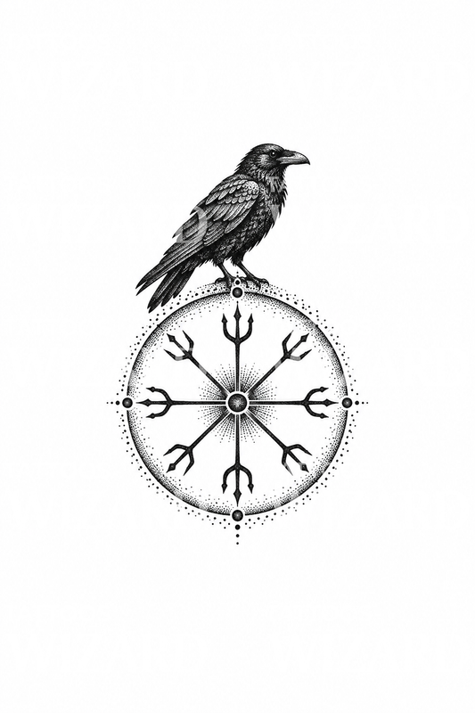 Vegvisir ihlette iránytű hollóval, dotwork tetoválás