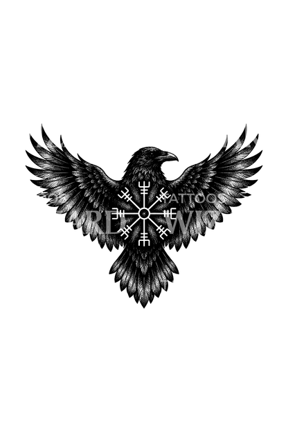 Kanatlarını açmış kuzgun üzerinde dotwork Vegvisir dövmesi