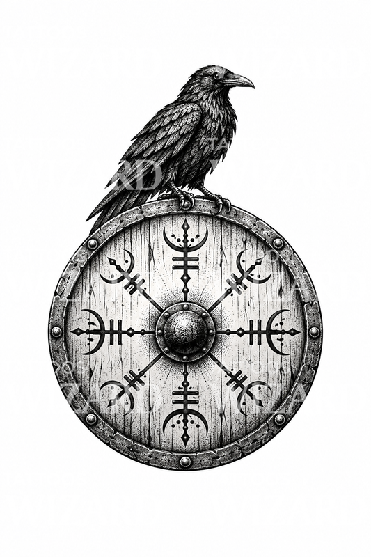 Vegvisir auf Wikingerschild mit Rabe im Dotwork