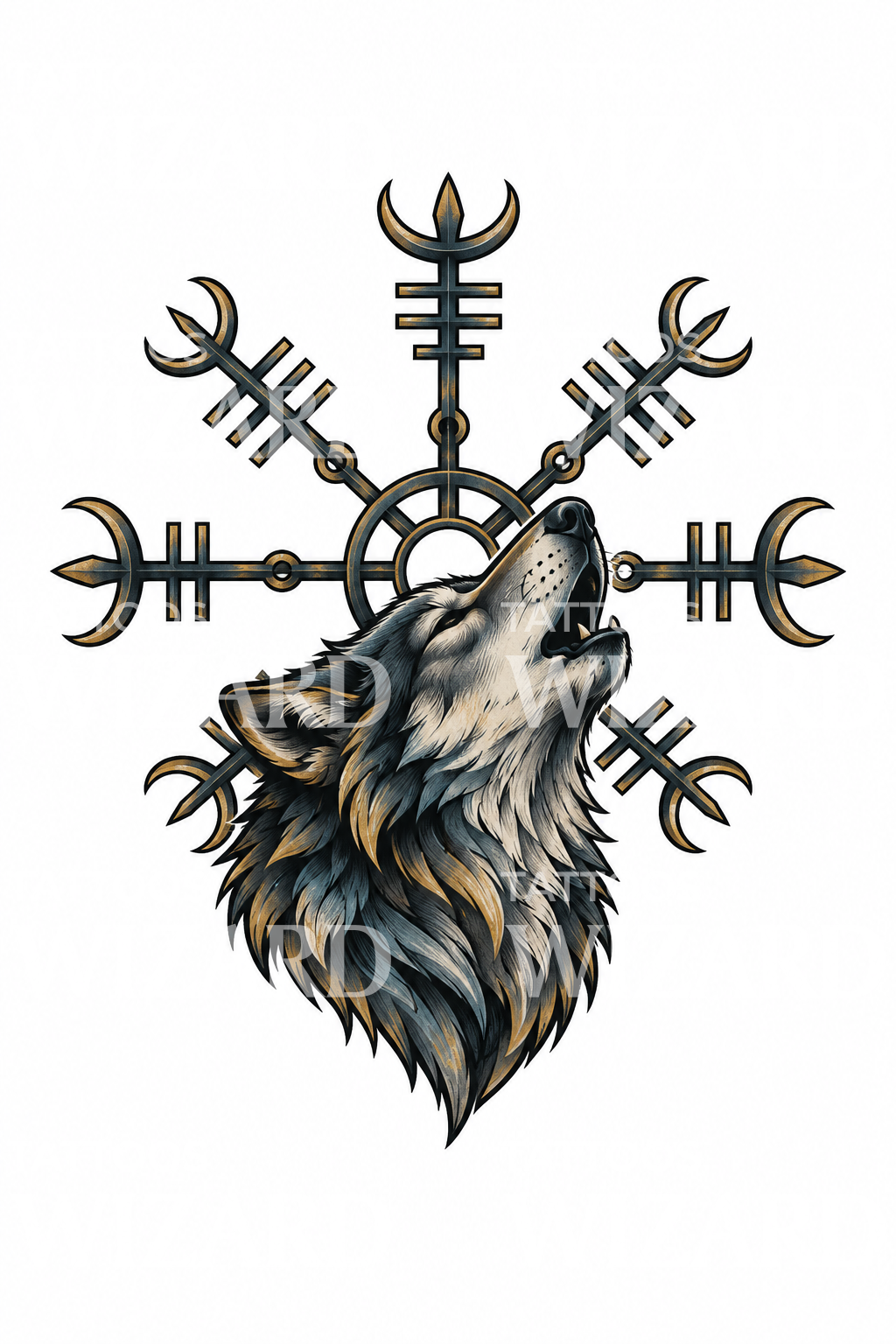 Tatouage Vegvisir avec loup hurlant