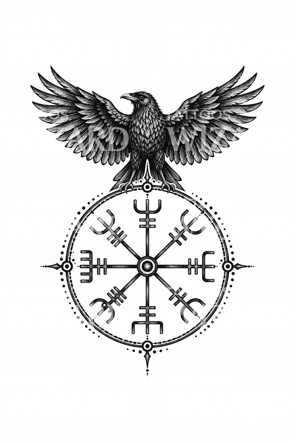 Vegvisir with Raven Dotwork Tattoo Design