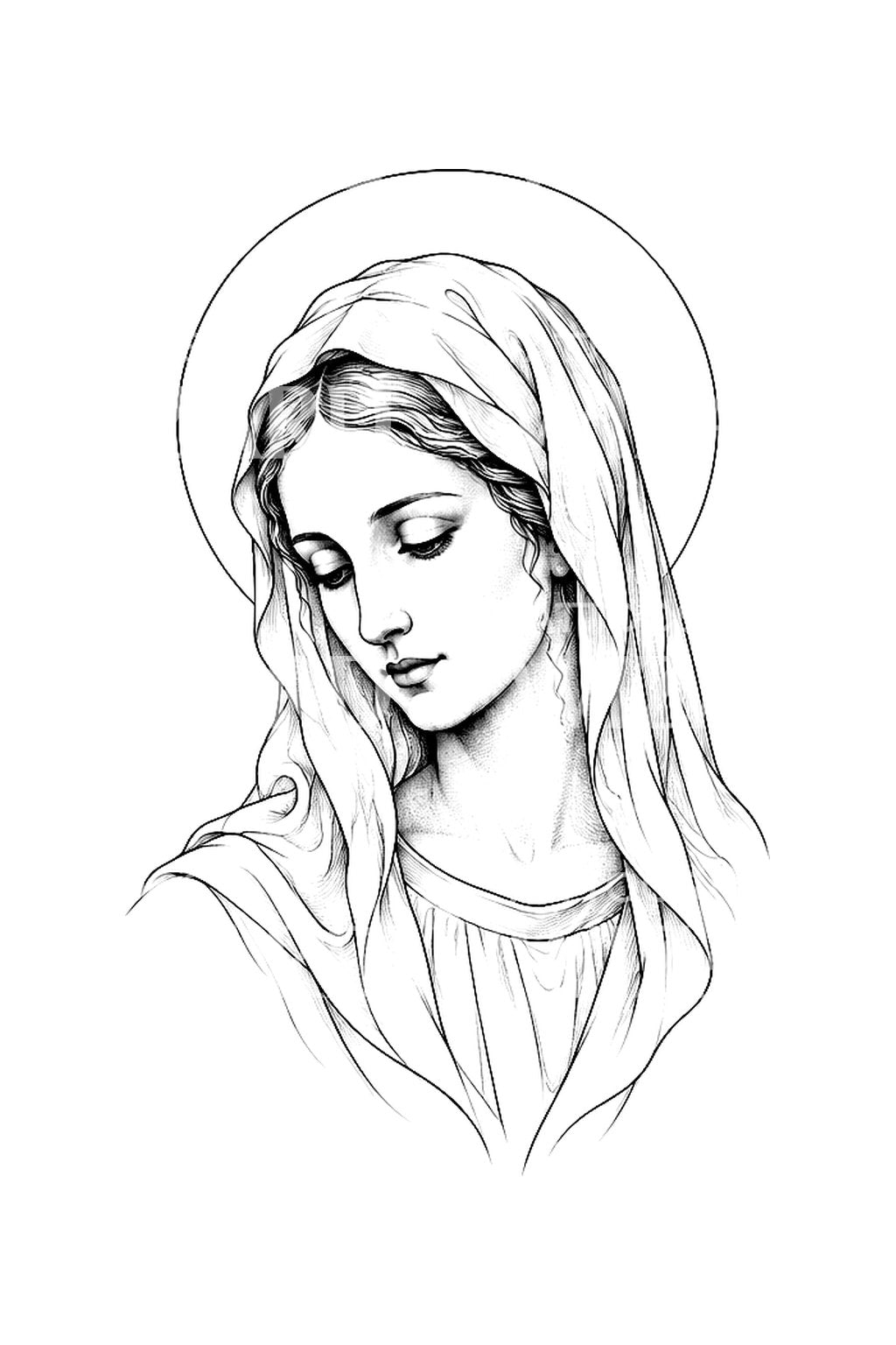 Fátyolos Madonna glóriával, vonalas tetoválásötlet