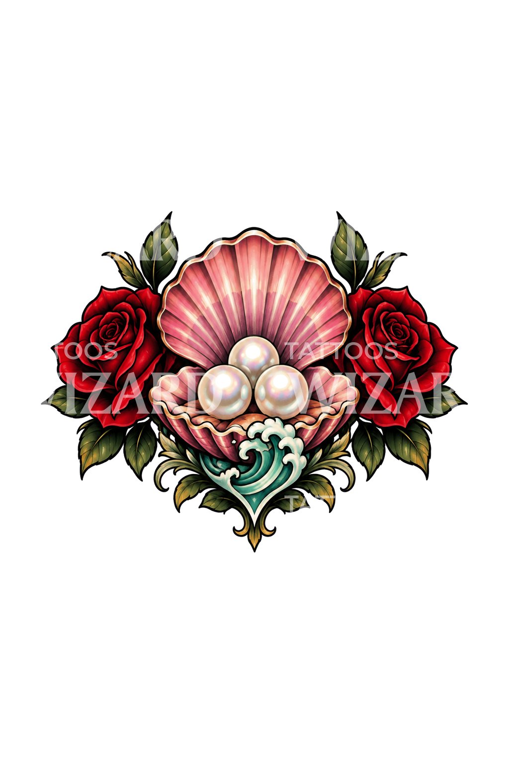 Tattoo-illustratie van Venusschelp, drie parels en rozenlijst