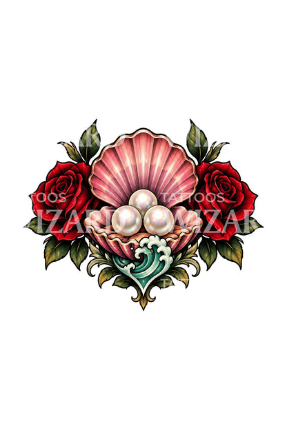 Tattoo-illustratie van Venusschelp, drie parels en rozenlijst