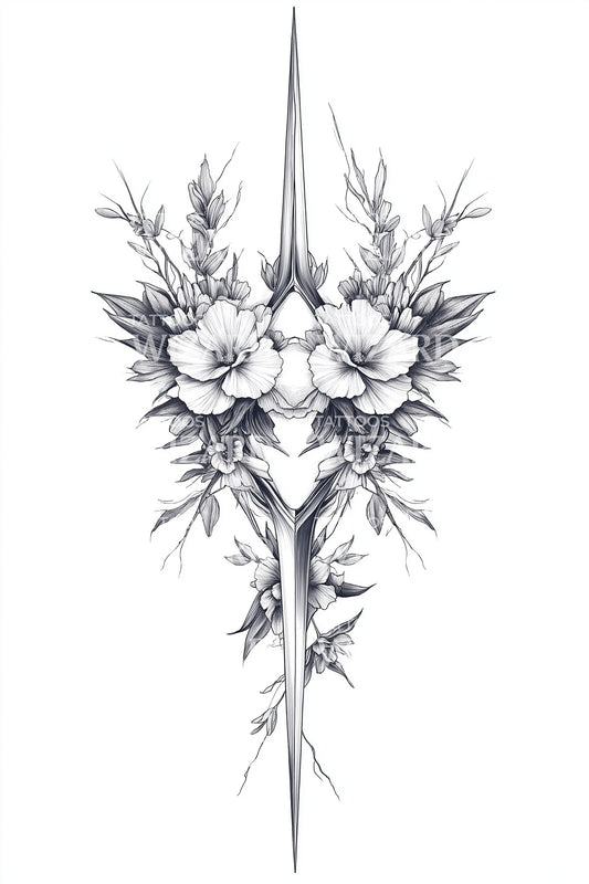 Vertical Floral Spear Tattoo Design