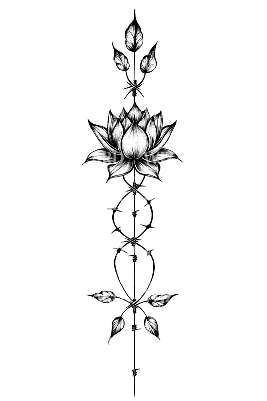 Vertikales Lotus Linework Tattoo Design