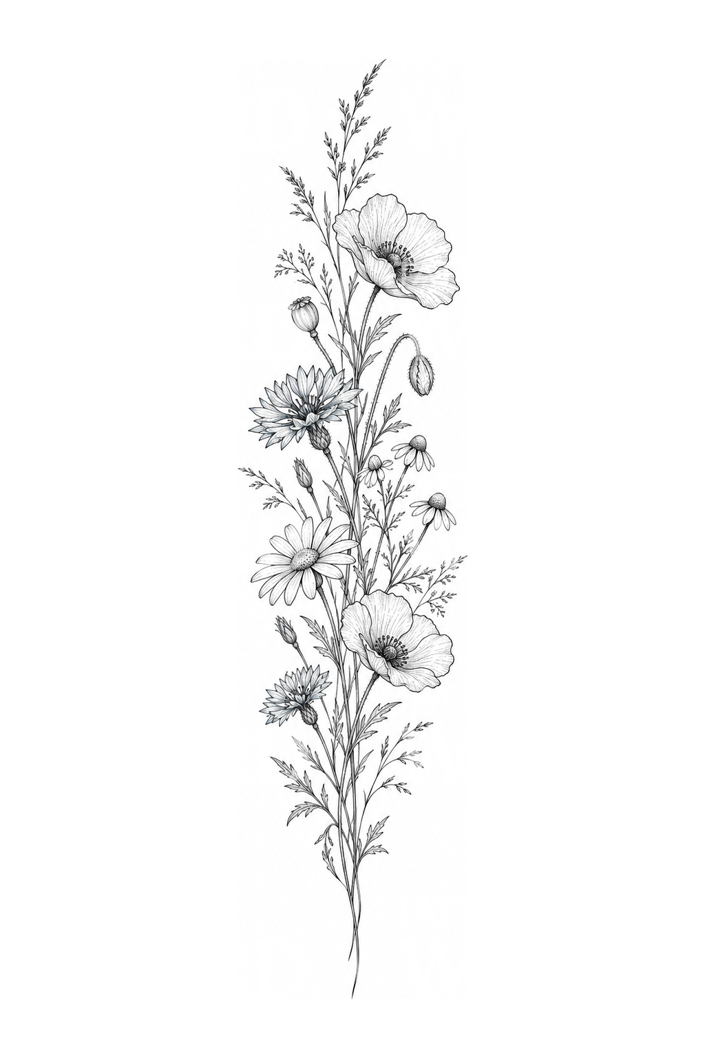 Vertikal fine line-tatovering med villblomster langs ryggraden