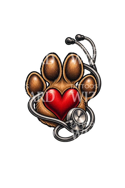 Veterinarian Paw Print Heart with Stethoscope Tattoo