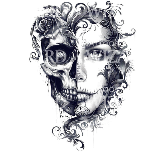 Porträt einer Frau mit halbem Totenkopf Tattoo-Design