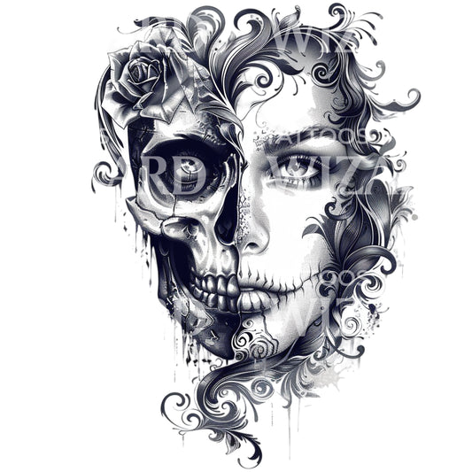 Porträt einer Frau mit halbem Totenkopf Tattoo-Design