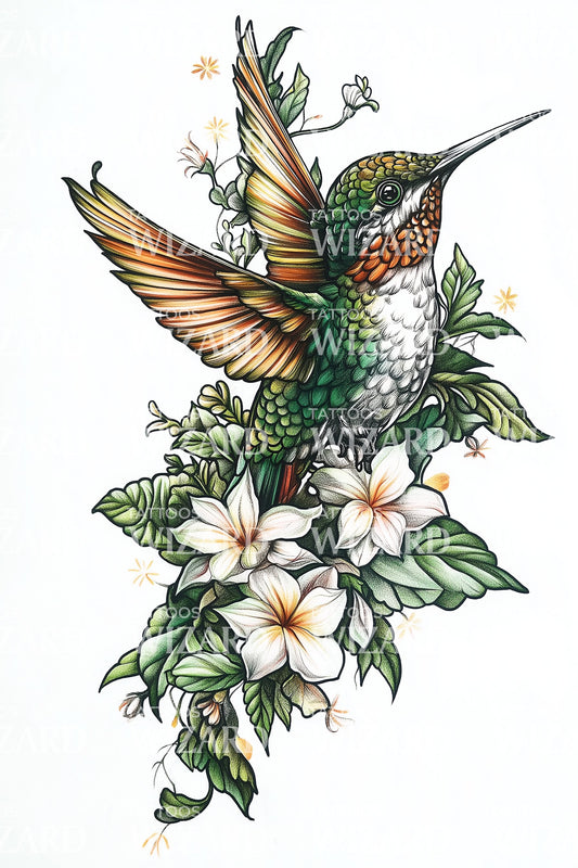 Vibrant Hummingbird Floral Tattoo Idea