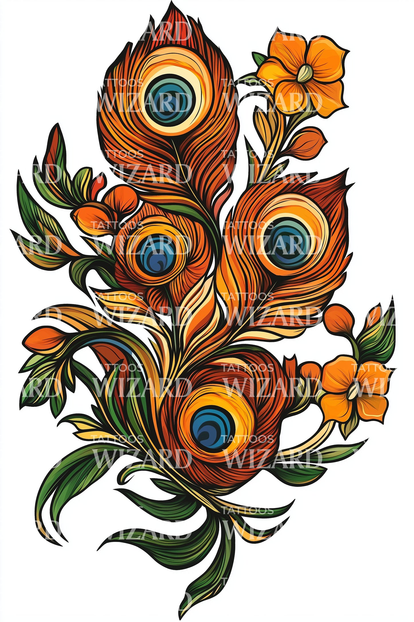 Vibrant Peacock Feathers Tattoo Design