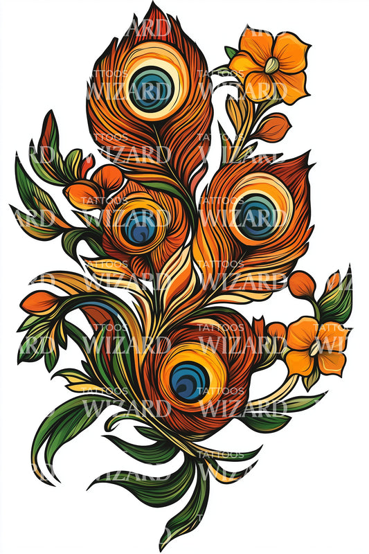 Vibrant Peacock Feathers Tattoo Design