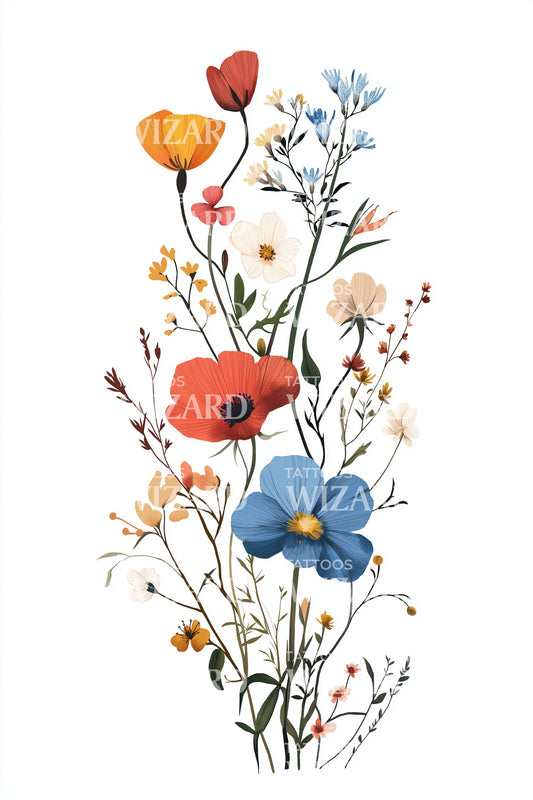Vibrant Wildflower Bouquet Tattoo Illustration