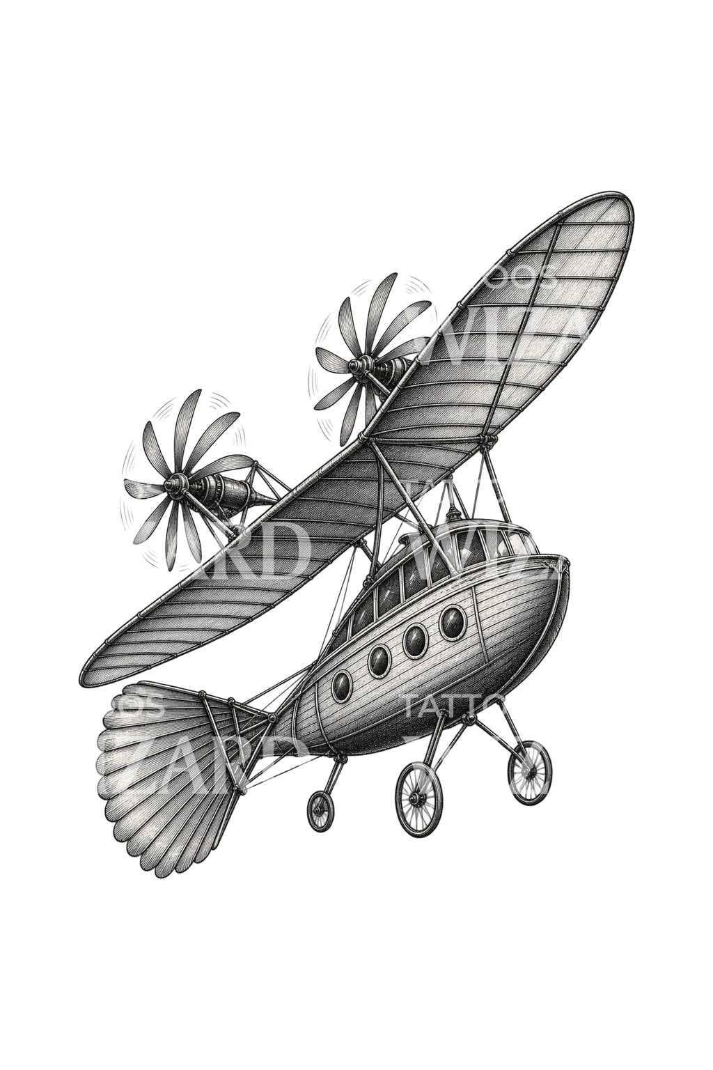 Victorian Aerial Steam Carriage Tattoo Design
